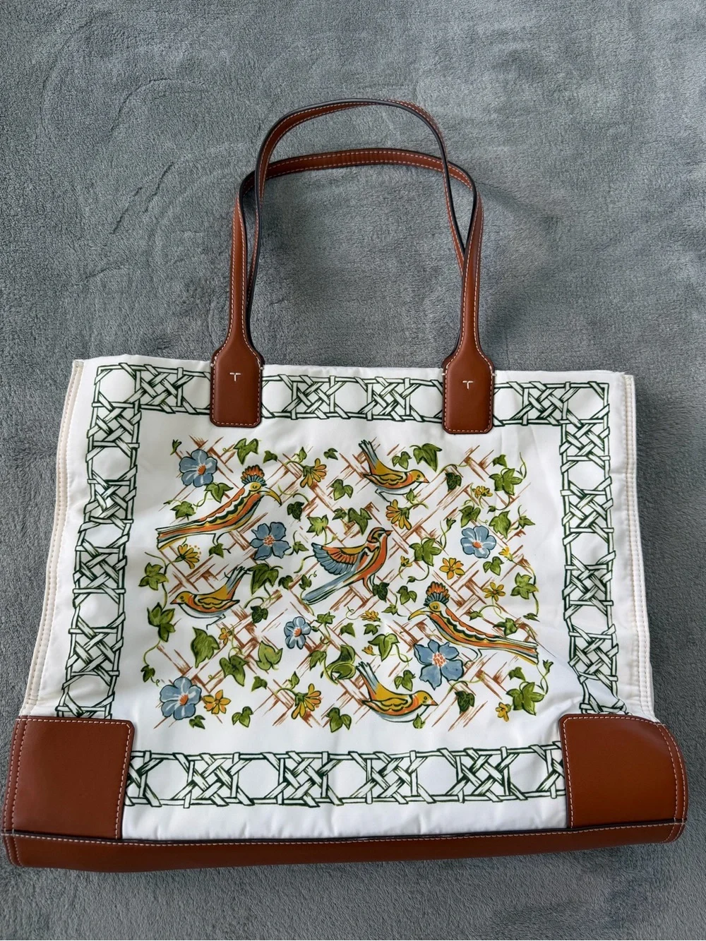 Tory Burch Ella Printed Tote Botanical Bird Floral Trellis Canvas Leather